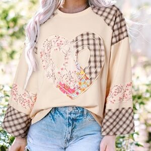 Peace Heart Plaid Floral Patchwork Blouse Long Sleeve Top Hippie Raw Boho Shirt